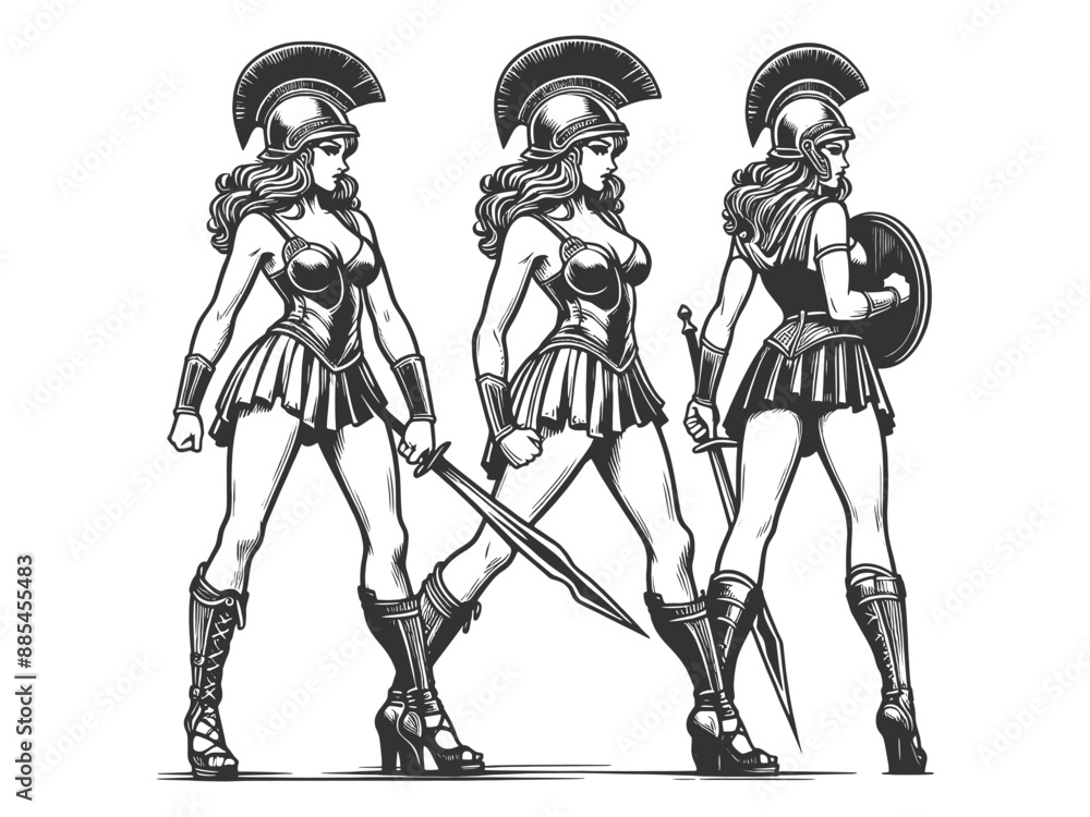 Fototapeta premium female warriors, ancient armor and helmets, swords and shields, various stances sketch engraving generative ai fictional character vector illustration. Scratch board imitation. Black and white image.