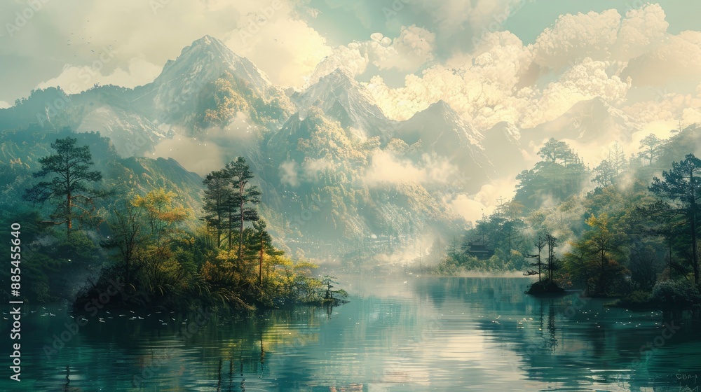 AI-generated landscape art, blending natural scenery with surreal digital elements AI-generated landscape art, blending natural scenery with surreal digital elements