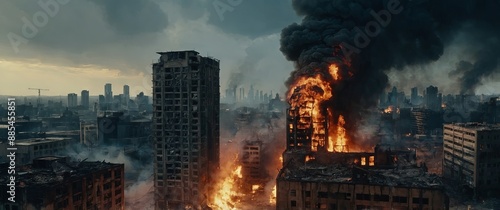 Fototapeta Naklejka Na Ścianę i Meble -  apocalypse war zone city burning down buildings.