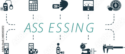 Assessing icons set. Creative icons: luxmeter, calculator, pulse oximeter, ammeter, barometer, rangefinder, radiation meter, sound level meter, thickness gauge, calliper.