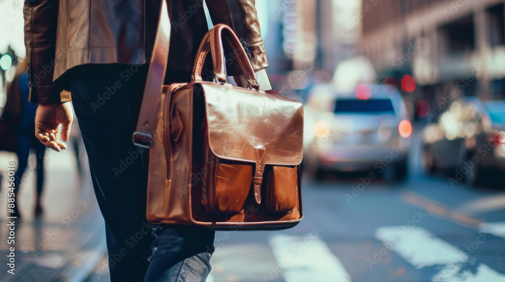 Obraz premium An urban professional walks confidently down a bustling city street, carrying a stylish leather briefcase.