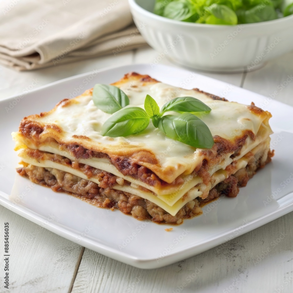 Traditional lasagna garnished with fresh basil, served on a white plate, on a light wooden table. Traditional lasagna garnished with fresh basil, served on a white plate, on a light wooden table.