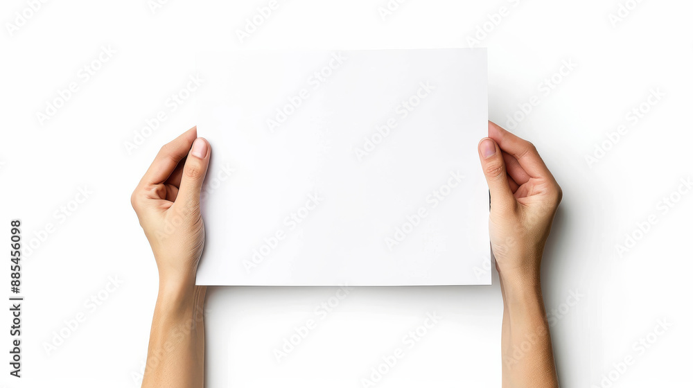 A person holding a blank white sheet of paper, captured against a simplistic white background. A person holding a blank white sheet of paper, captured against a simplistic white background.