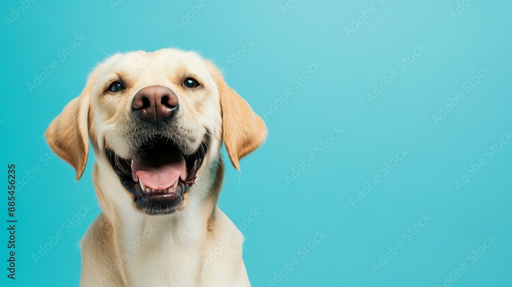 Happy Labrador Retriever Dog Smiling in Front of Blue Background Happy Labrador Retriever Dog Smiling in Front of Blue Background