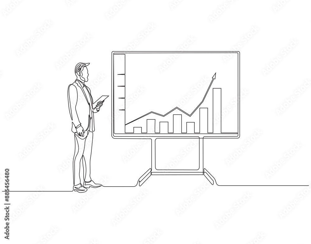 Continuous one line drawing of young presenter explaining business statistics in team meeting. One line drawing illustration of businessman explaining. Presentation for work office concept line art. E Continuous one line drawing of young presenter explaining business statistics in team meeting. One line drawing illustration of businessman explaining. Presentation for work office concept line art. E