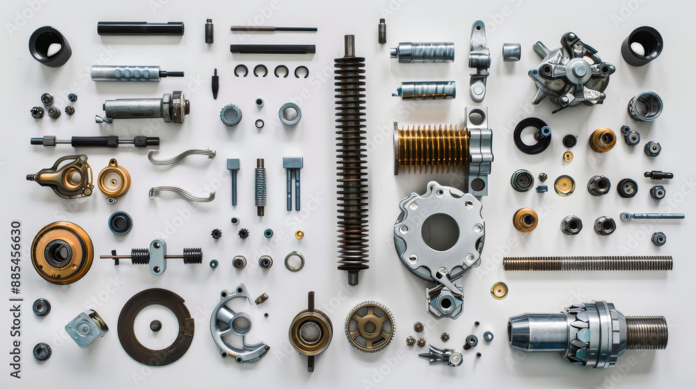 A neatly arranged collection of mechanical parts and tools spread out, showcasing the intricate details of engineering components. A neatly arranged collection of mechanical parts and tools spread out, showcasing the intricate details of engineering components.
