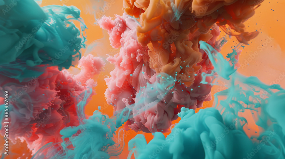 Fototapeta premium Vivid teal and peach paint clouds blend into an otherworldly abstract design, swirling fluidly to create a visually arresting art piece.