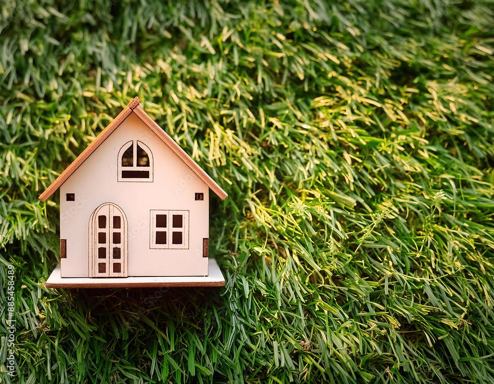 Home and Life Concept with Small Model Home on Grass- A concept image featuring a small_1(185) Home and Life Concept with Small Model Home on Grass- A concept image featuring a small_1(185)