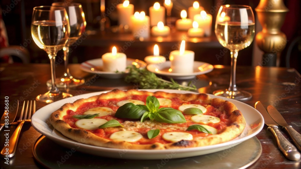 Margherita pizza with mozzarella, tomatoes, and basil, served with white wine in an elegant setting with candles. Margherita pizza with mozzarella, tomatoes, and basil, served with white wine in an elegant setting with candles.