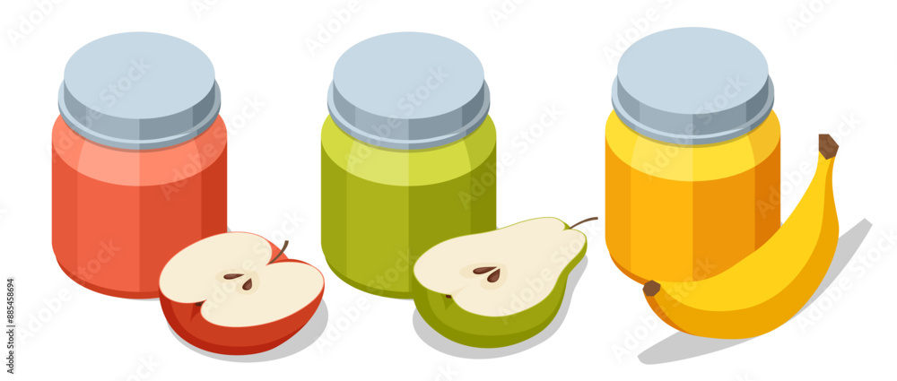 Isometric Fruit puree in jars. Freshly squeezed juice from apples, pears and bananas Isometric Fruit puree in jars. Freshly squeezed juice from apples, pears and bananas