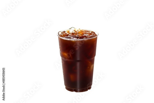 Coffee beans spreading near glass of Americano ice coffee. White ba and isolated concept.