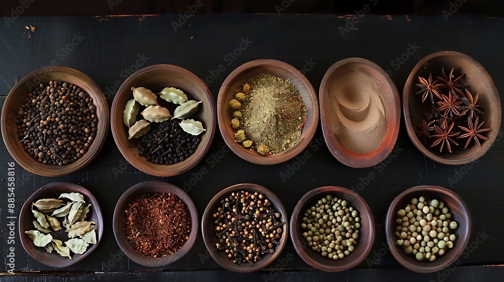Assortment of Spices in Wooden Bowls on Black Background Assortment of Spices in Wooden Bowls on Black Background