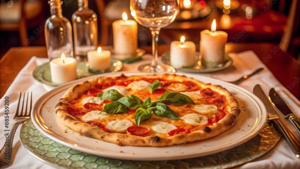 Margherita pizza with fresh basil, mozzarella, and tomatoes, served with wine and candles in an elegant dining setting. Margherita pizza with fresh basil, mozzarella, and tomatoes, served with wine and candles in an elegant dining setting.