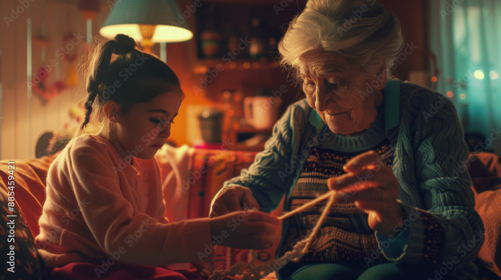 An elderly woman patiently teaches a young girl to crochet, their hands working together under the warm glow of a cozy, well-lit room. An elderly woman patiently teaches a young girl to crochet, their hands working together under the warm glow of a cozy, well-lit room.