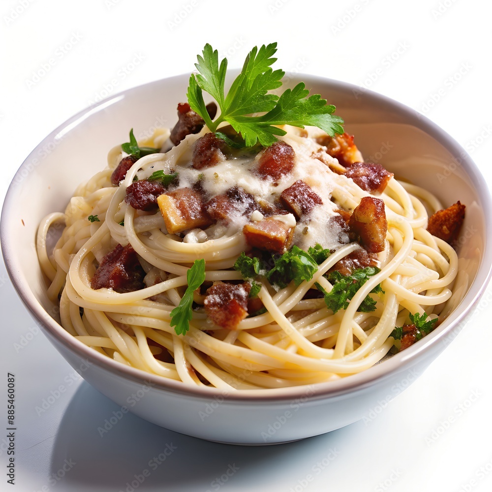 Bowl of spaghetti carbonara topped with creamy sauce, crispy bacon, and fresh parsley, served in a modern white bowl. Bowl of spaghetti carbonara topped with creamy sauce, crispy bacon, and fresh parsley, served in a modern white bowl.