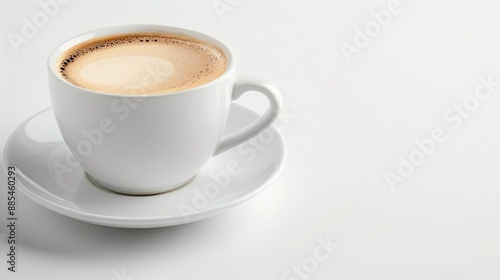 Creamy coffee in white porcelain cup on white background with space for text