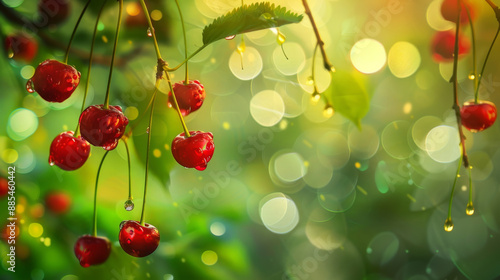 Fresh cherries dangle from a branch with glistening dewdrops, illuminated by a dreamy, sunlit background with bokeh effects.