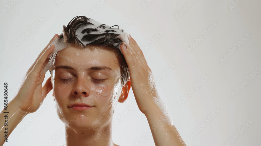 Fototapeta premium A serene individual enjoying a shampoo massage, eyes closed and face radiating calmness and contentment.