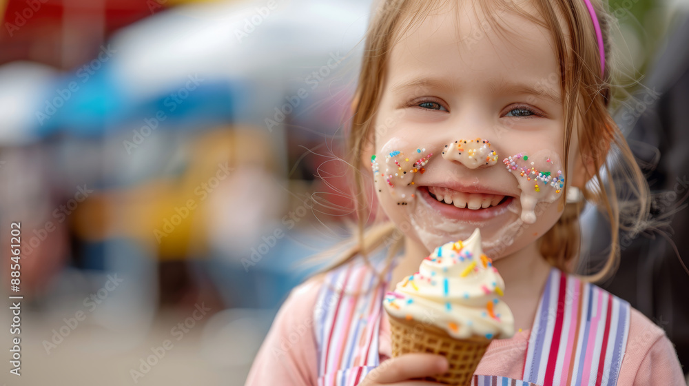 A cheerful child grins while holding an ice cream cone, her face delightfully smeared with colorful sprinkles on a sunny day. A cheerful child grins while holding an ice cream cone, her face delightfully smeared with colorful sprinkles on a sunny day.