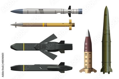 Isolated missile drawing. 3d industrial set of ballistic and cruise missile. Realistic strategic weapon art. War technology. Aircraft military bomb