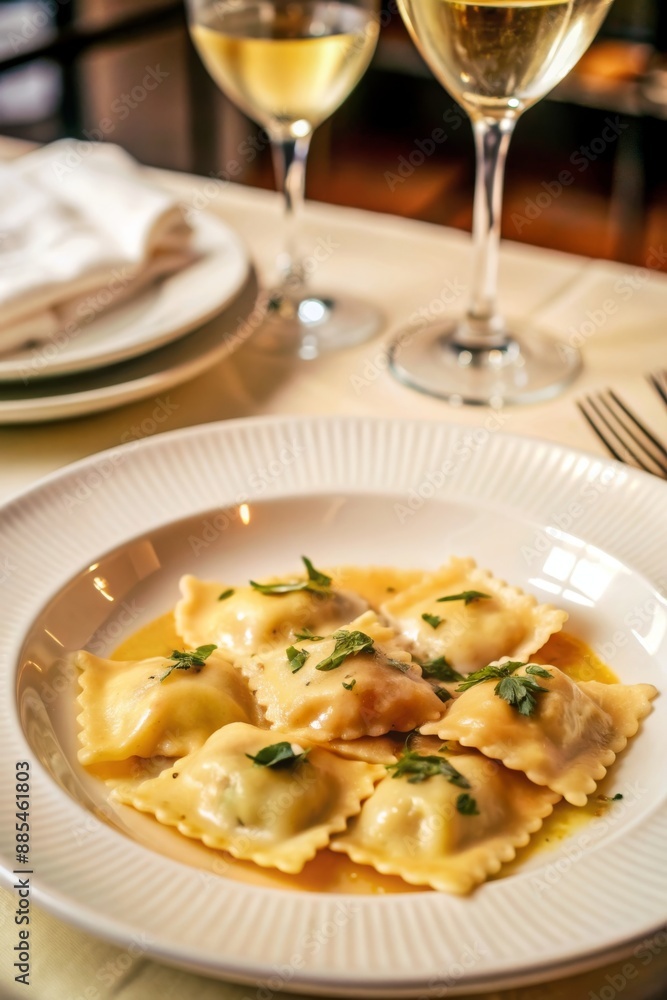 Gourmet ravioli with basil served on a white plate, accompanied by glasses of white wine in an elegant setting. Gourmet ravioli with basil served on a white plate, accompanied by glasses of white wine in an elegant setting.