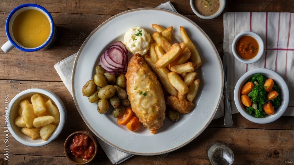 Traditional British meal with a large meat pie, chips, pickles, and vegetables on a white plate, served with a cup of tea. Traditional British meal with a large meat pie, chips, pickles, and vegetables on a white plate, served with a cup of tea.