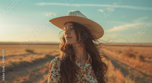 a young woman wearing a cowboy hat with long brown hair and a floral shirt standing in the middle distance, © Kien