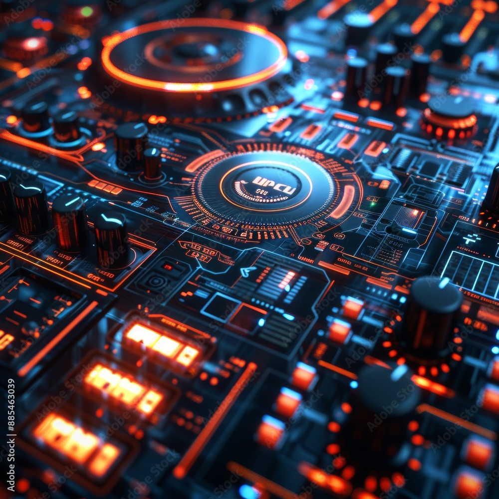 Futuristic 3D Music Console with Digital Interface - High-Tech Innovation for Background Music Control Futuristic 3D Music Console with Digital Interface - High-Tech Innovation for Background Music Control