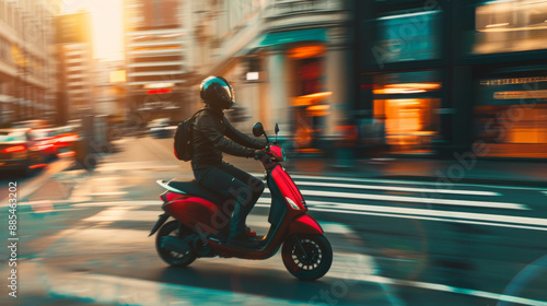 A person on a red scooter speeds through a bustling city street at dusk, capturing the lively urban atmosphere.
