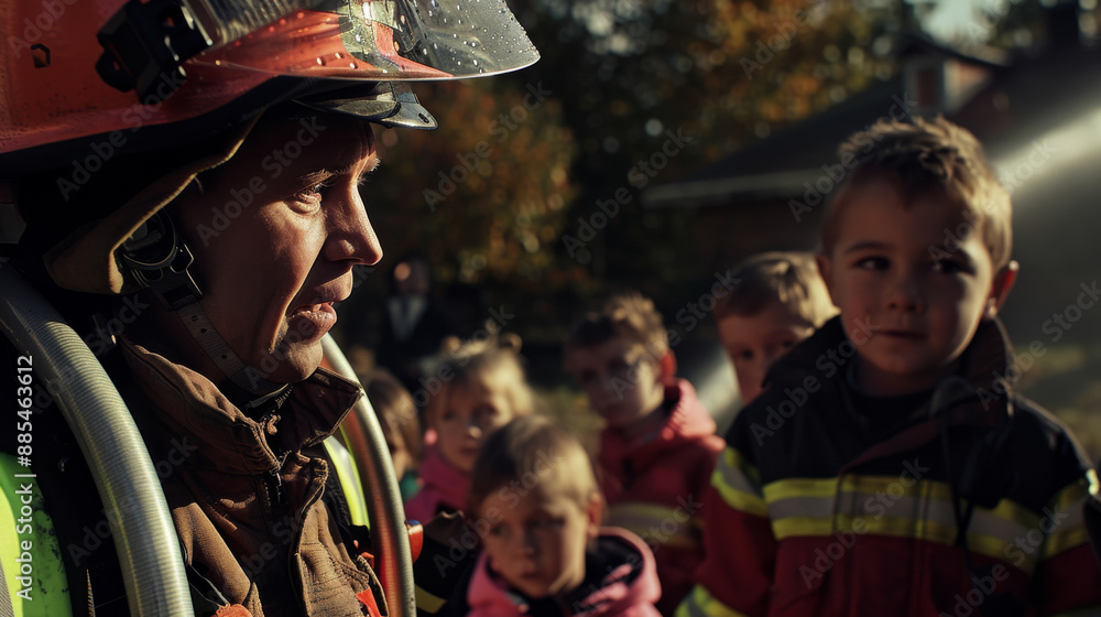 A firefighter in a helmet speaks to children during a community safety ...