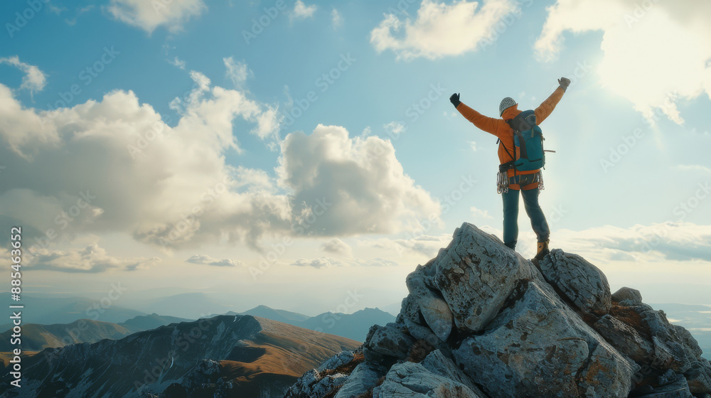 An adventurer stands triumphantly atop a mountain peak, arms raised in victory, celebrating the breathtaking panoramic view under a beautiful sky. An adventurer stands triumphantly atop a mountain peak, arms raised in victory, celebrating the breathtaking panoramic view under a beautiful sky.