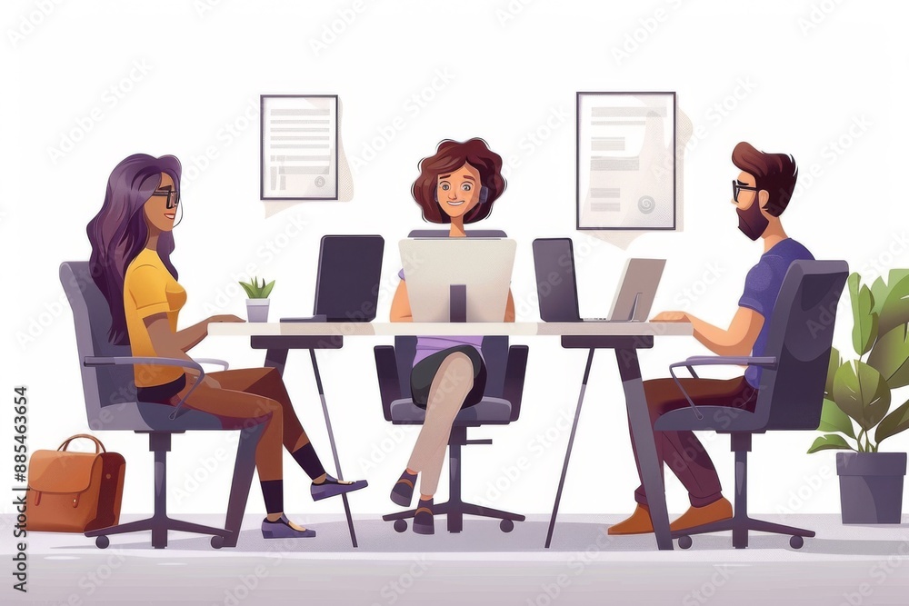 Three Colleagues Working at Desk in Office Three Colleagues Working at Desk in Office