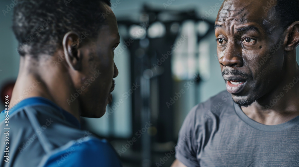 Two men intensely converse inside a gym, sharing insights and possibly strategies, while surrounded by fitness equipment. Two men intensely converse inside a gym, sharing insights and possibly strategies, while surrounded by fitness equipment.