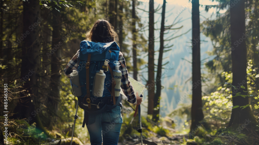 A solo hiker navigating a forest trail with a blue backpack, embracing solitude and the call of nature in a serene woodland setting. A solo hiker navigating a forest trail with a blue backpack, embracing solitude and the call of nature in a serene woodland setting.