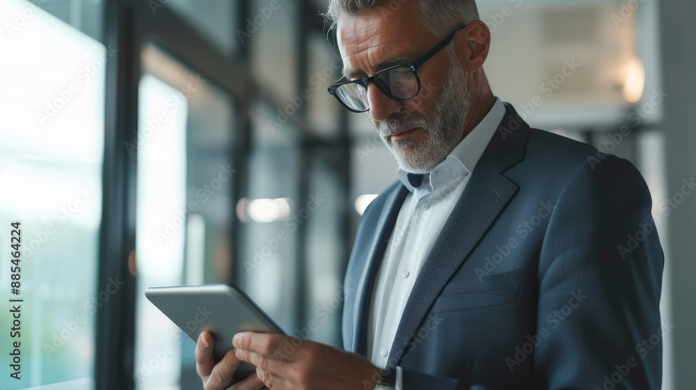 A distinguished man in a suit and glasses, engrossed in reading a tablet by a large window, reflecting an ambiance of professionalism and focus. A distinguished man in a suit and glasses, engrossed in reading a tablet by a large window, reflecting an ambiance of professionalism and focus.