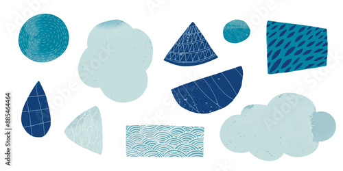 Blue abstract shapes, japanese pattern tape, organic figures and stickers for collages and scrapbook design