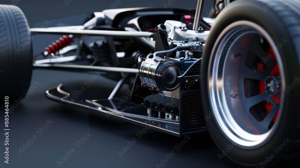 Close-up of a high-performance racing car from the rear, displaying its powerful engine and aerodynamic design elements in stark detail.