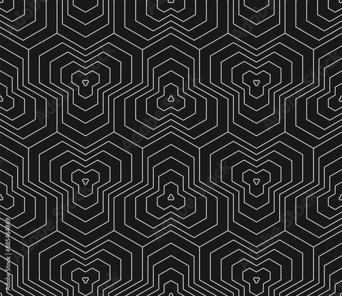 Vector black and white linear geometric seamless pattern with quirky lines, stripes, hexagons, triangles, grid. Dark monochrome abstract background. Simple modern minimal texture. Repeated geo design