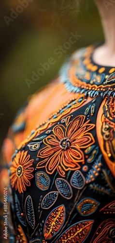 Close-up of a colorful, intricate floral-patterned fabric, showcasing detailed embroidery and vibrant orange and blue hues. photo