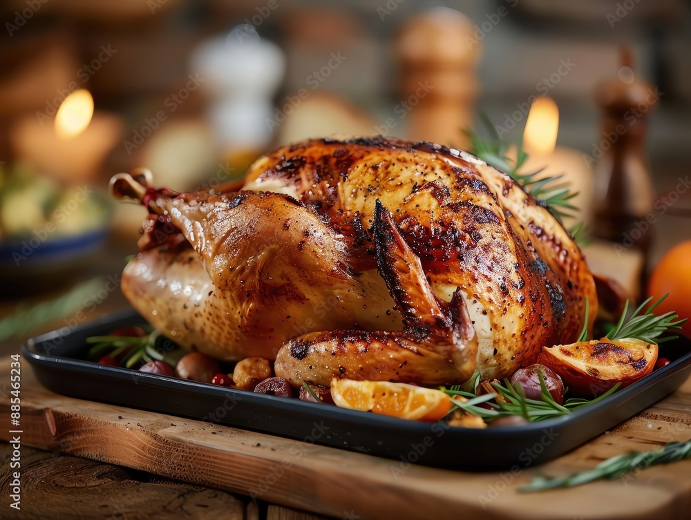 Delicious roasted turkey on a baking tray with herbs and citrus, perfect for a festive dinner setting. Delicious roasted turkey on a baking tray with herbs and citrus, perfect for a festive dinner setting.