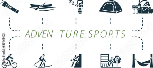 Adventure sports icons set. Creative icons: flashlight, rowing canoe, sleeping bag, tent, picknick, bike ride, hiking, rock climbing, city walk, hammock.