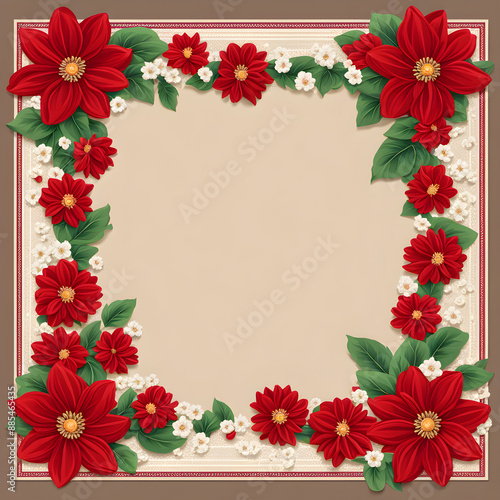 I would love for you to create a border using red vector flowers and have a cozy, knitted texture to them. I envision a rectangular frame with a slim border surrounding the flowers, making them the fo photo