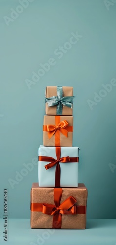 Stacked colorful gift boxes with ribbons on a blue background, perfect for holiday and celebration themes. photo