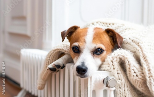 Fun Jack Russell Terrier dog resting by heating radiator. Puppy is warming himself at heater. During autumn heating season concept. © Olga
