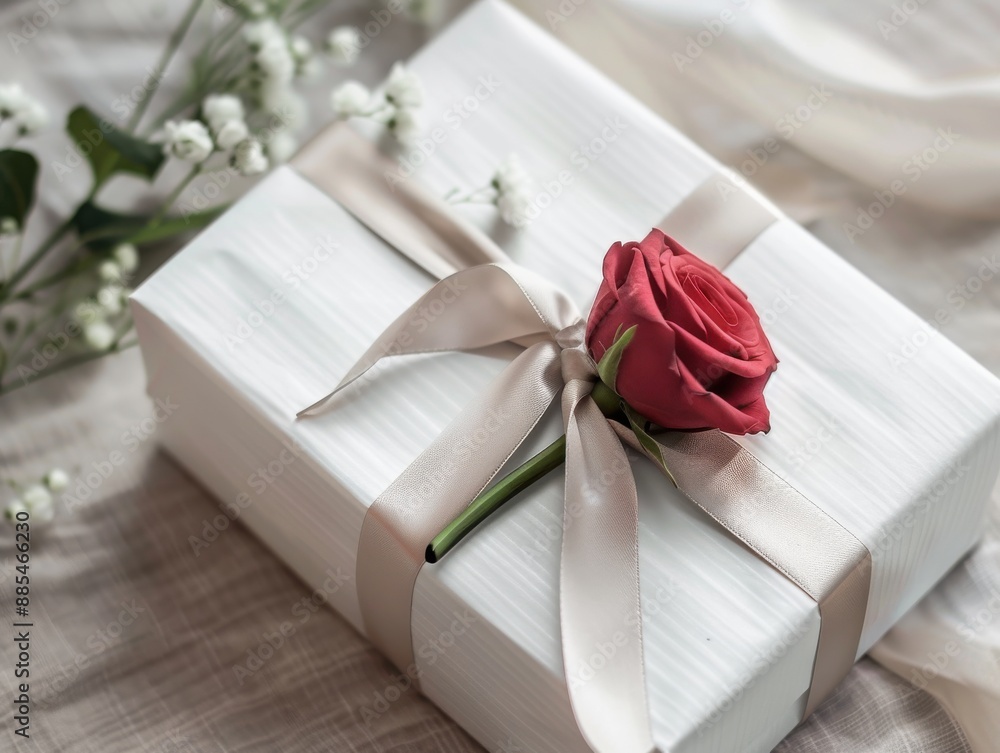 Romantic gift box with a red rose, tied with a satin ribbon, close-up shot, soft natural light, elegant presentation, intimate and heartfelt Romantic gift box with a red rose, tied with a satin ribbon, close-up shot, soft natural light, elegant presentation, intimate and heartfelt