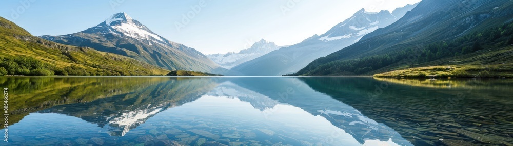 Serene mountain lake with crystal-clear water, snow-capped peaks, golden hour, panoramic view, tranquil style Serene mountain lake with crystal-clear water, snow-capped peaks, golden hour, panoramic view, tranquil style