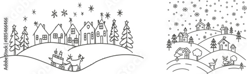 An illustration of a Christmas landscape. Santa in his sleigh with deers, trees, snowdrifts, and a snowman in his sleigh.