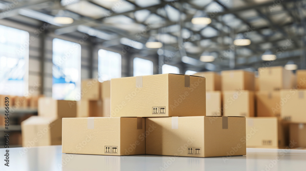 Cardboard boxes are neatly stacked in a brightly lit warehouse, symbolizing the logistics, storage, and distribution process. Cardboard boxes are neatly stacked in a brightly lit warehouse, symbolizing the logistics, storage, and distribution process.