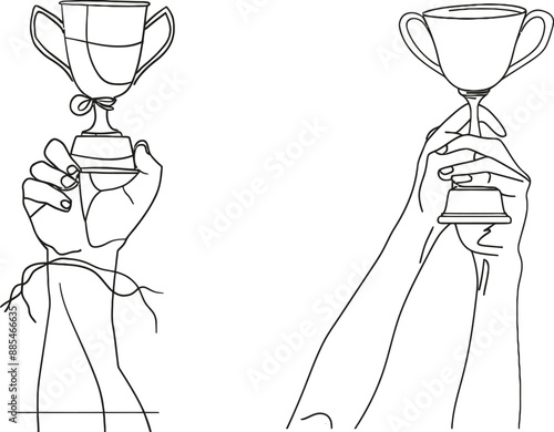 The hand holding the trophy is a continuous one-line drawing symbolizing success, victory, and achievement from the contest. The theme is victory and awards.