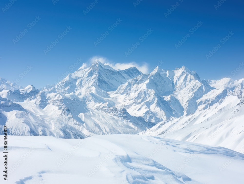 Snow-capped mountains under clear blue sky, panoramic view, high angle, pristine and untouched, crisp and cold atmosphere, rugged landscape Snow-capped mountains under clear blue sky, panoramic view, high angle, pristine and untouched, crisp and cold atmosphere, rugged landscape